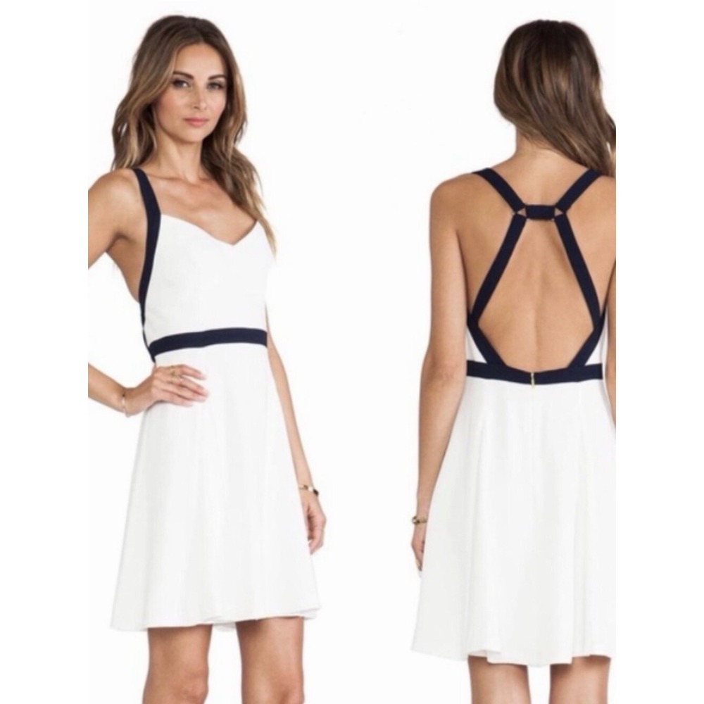Trina‎ Turk Lilette Dress Whitewash & Indigo Open Back Fit & Flare Dress Size 4